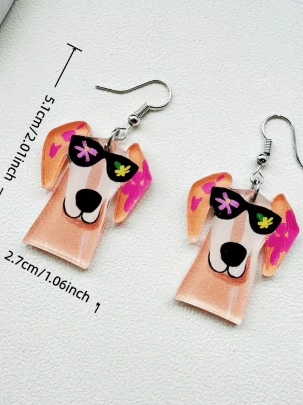 Cute Acrylic Dog Face Dangle Earrings - Pink and Multi Color Options- Summer